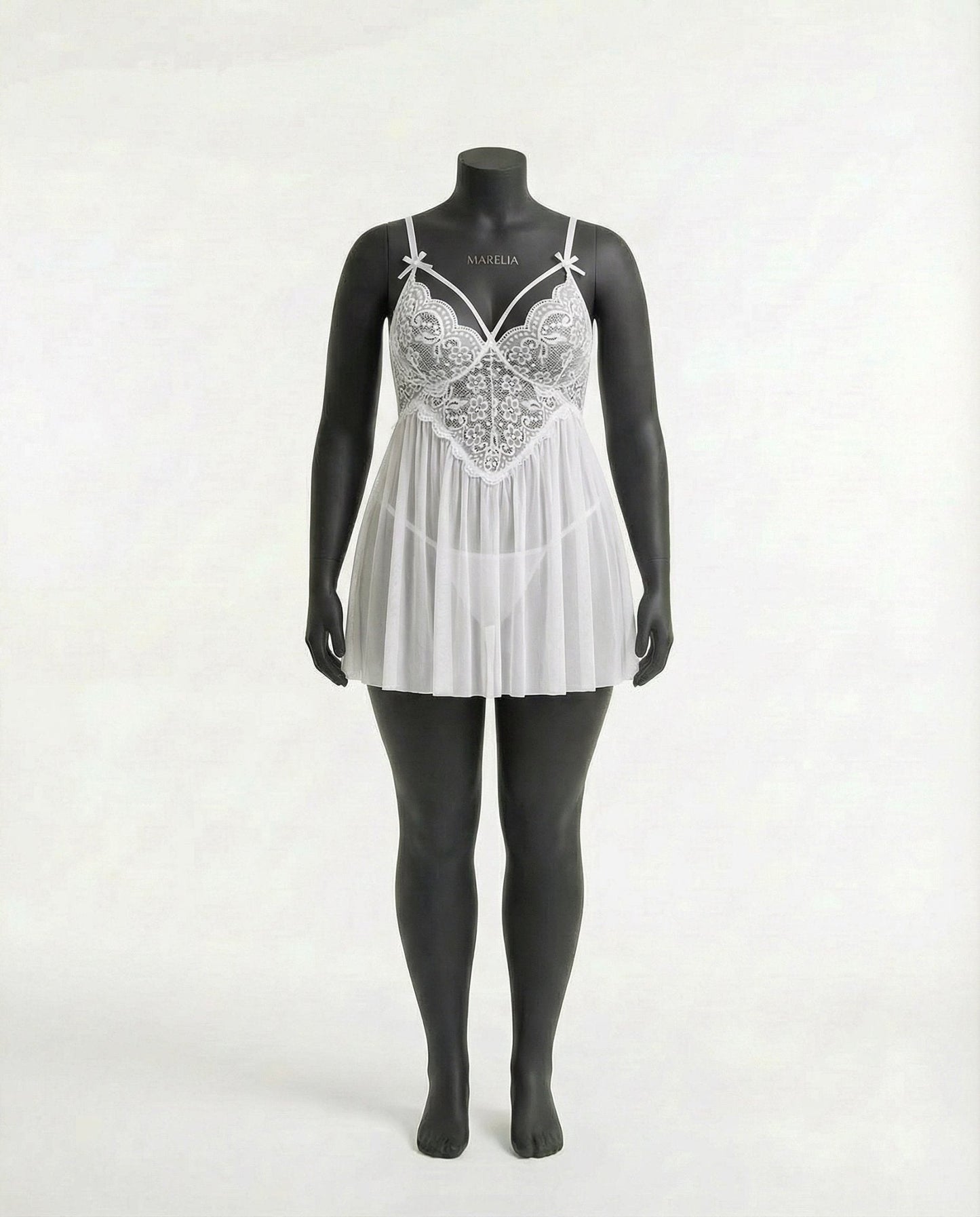 Plus Size Lace Babydoll With Pleated Mesh Skirt And Thong