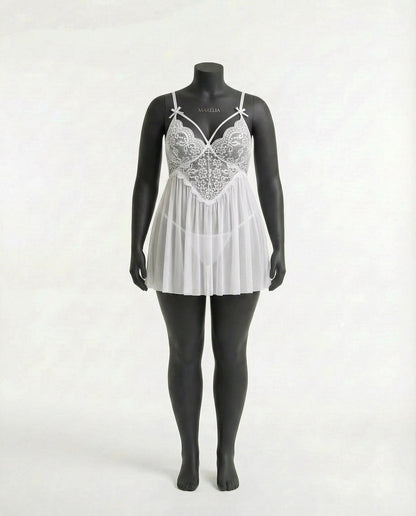 Plus Size Lace Babydoll With Pleated Mesh Skirt And Thong