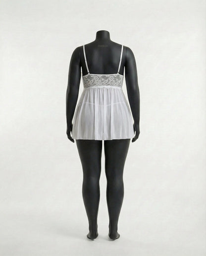 Plus Size Lace Babydoll With Pleated Mesh Skirt And Thong