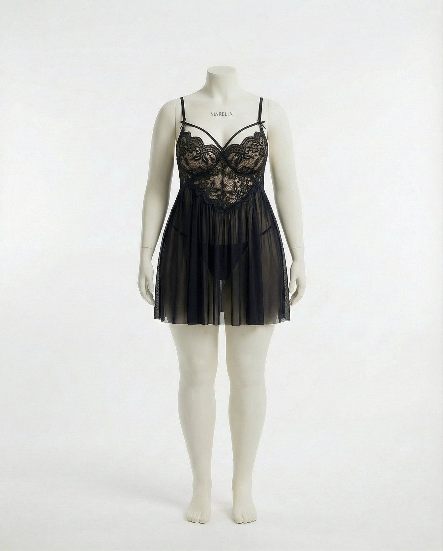 Plus Size Lace Babydoll With Pleated Mesh Skirt And Thong