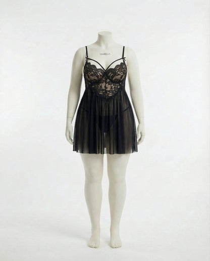 Plus Size Lace Babydoll With Pleated Mesh Skirt And Thong