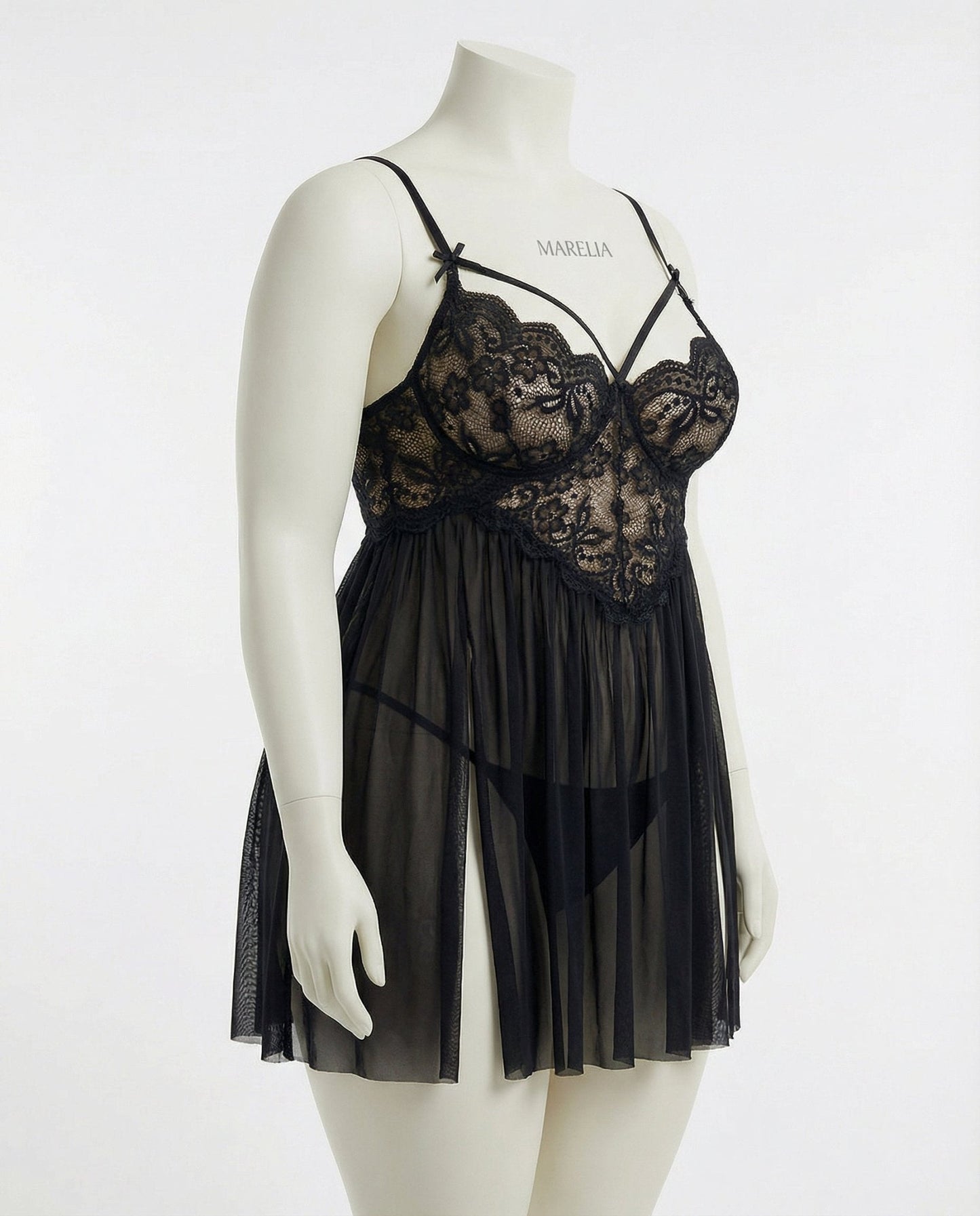 Plus Size Lace Babydoll With Pleated Mesh Skirt And Thong