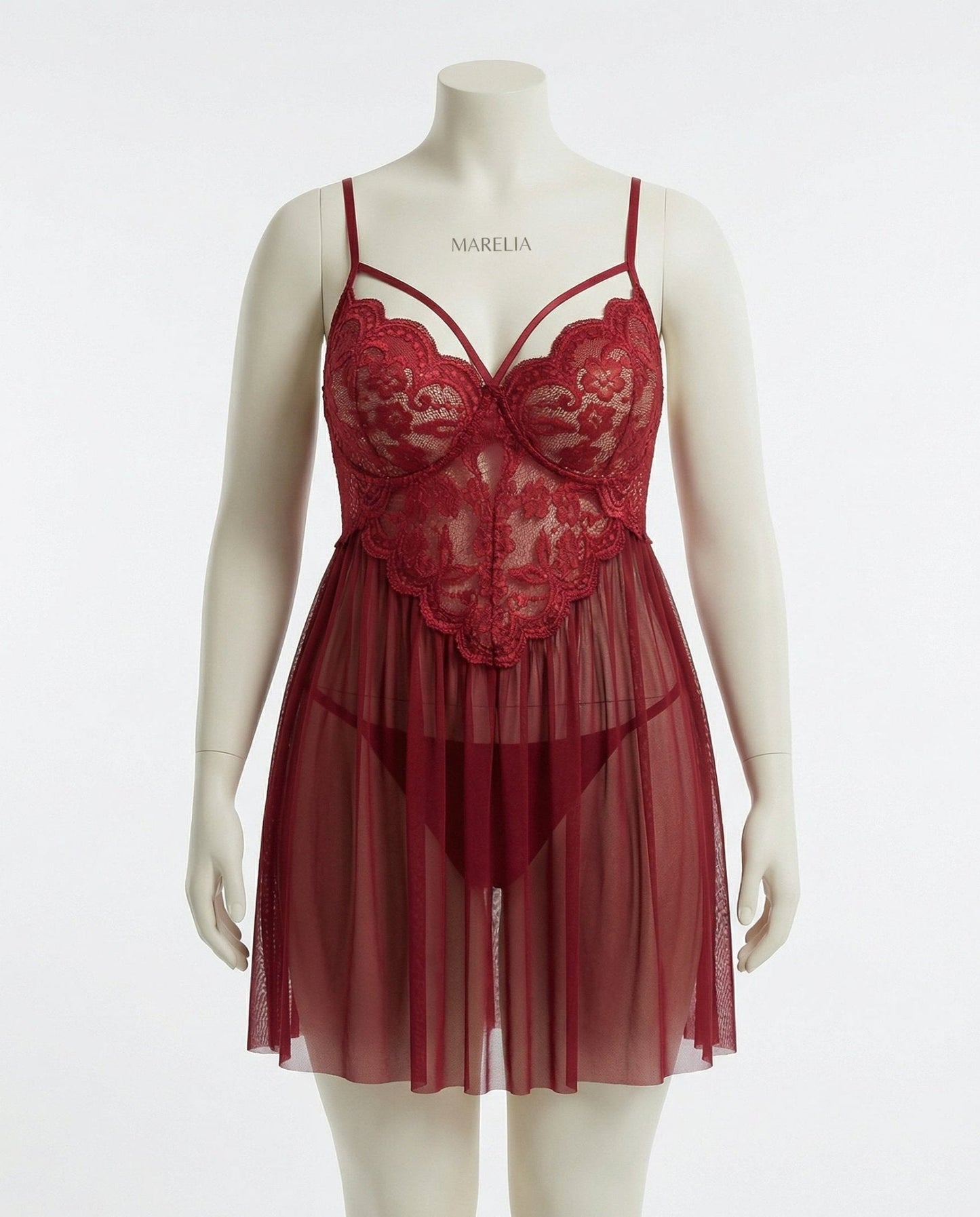 Plus Size Lace Babydoll With Pleated Mesh Skirt And Thong