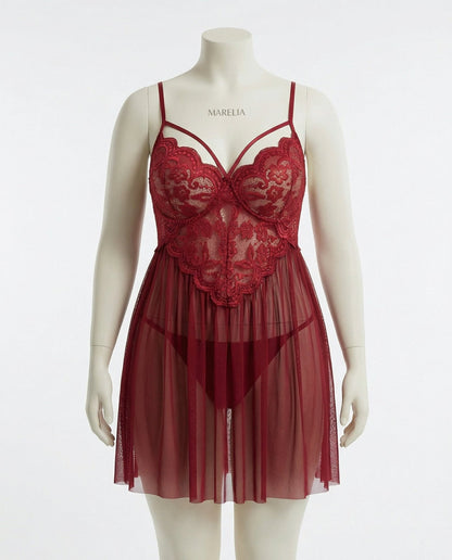 Plus Size Lace Babydoll With Pleated Mesh Skirt And Thong