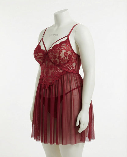 Plus Size Lace Babydoll With Pleated Mesh Skirt And Thong