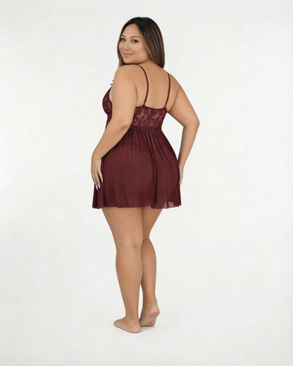 Plus Size Lace Babydoll With Pleated Mesh Skirt And Thong