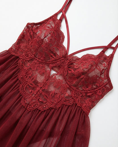 Plus Size Lace Babydoll With Pleated Mesh Skirt And Thong