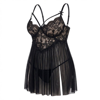 Plus Size Lace Babydoll With Pleated Mesh Skirt And Thong