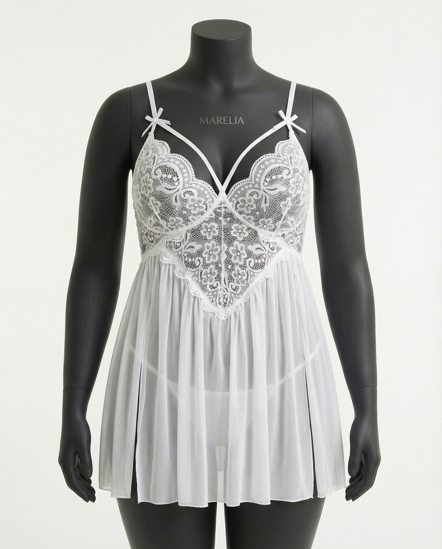 Plus Size Lace Babydoll With Pleated Mesh Skirt And Thong