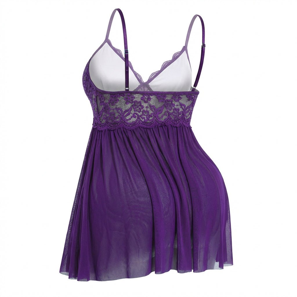 Plus Size Lace Babydoll With Pleated Mesh Skirt And Thong