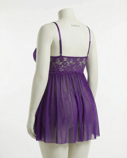 Plus Size Lace Babydoll With Pleated Mesh Skirt And Thong
