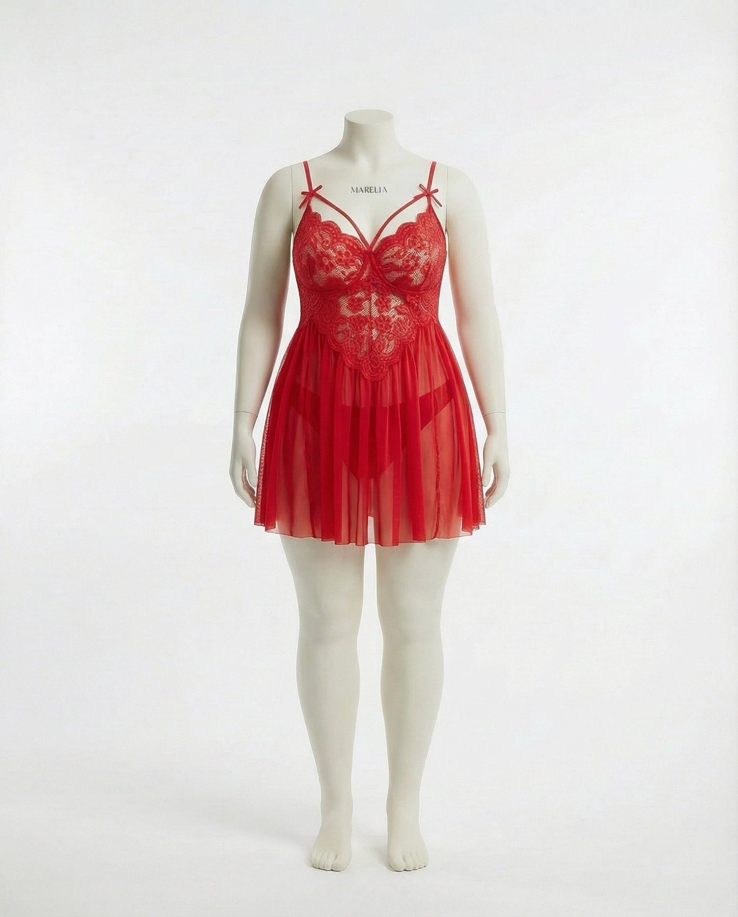 Plus Size Lace Babydoll With Pleated Mesh Skirt And Thong