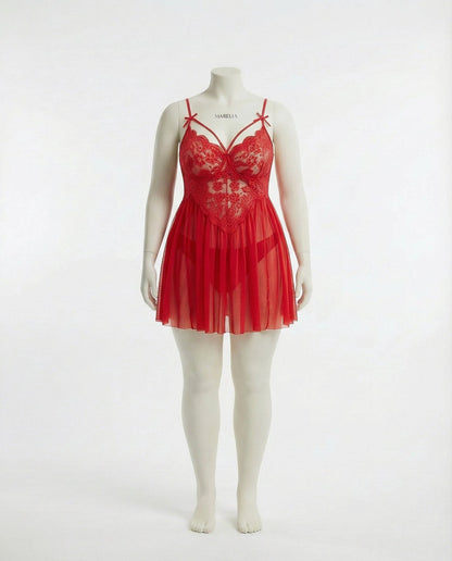 Plus Size Lace Babydoll With Pleated Mesh Skirt And Thong