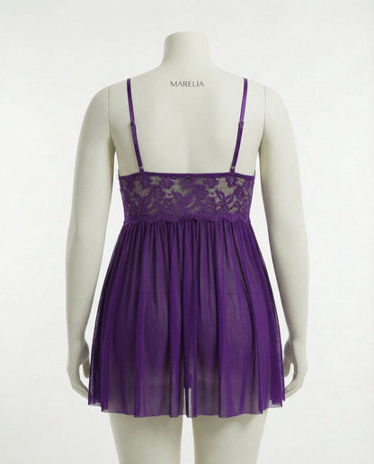 Plus Size Lace Babydoll With Pleated Mesh Skirt And Thong