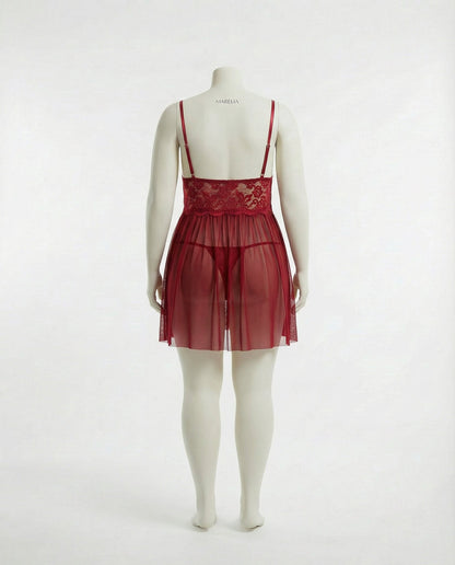 Plus Size Lace Babydoll With Pleated Mesh Skirt And Thong