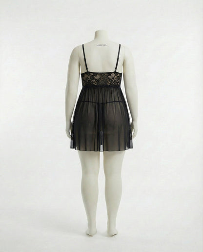Plus Size Lace Babydoll With Pleated Mesh Skirt And Thong