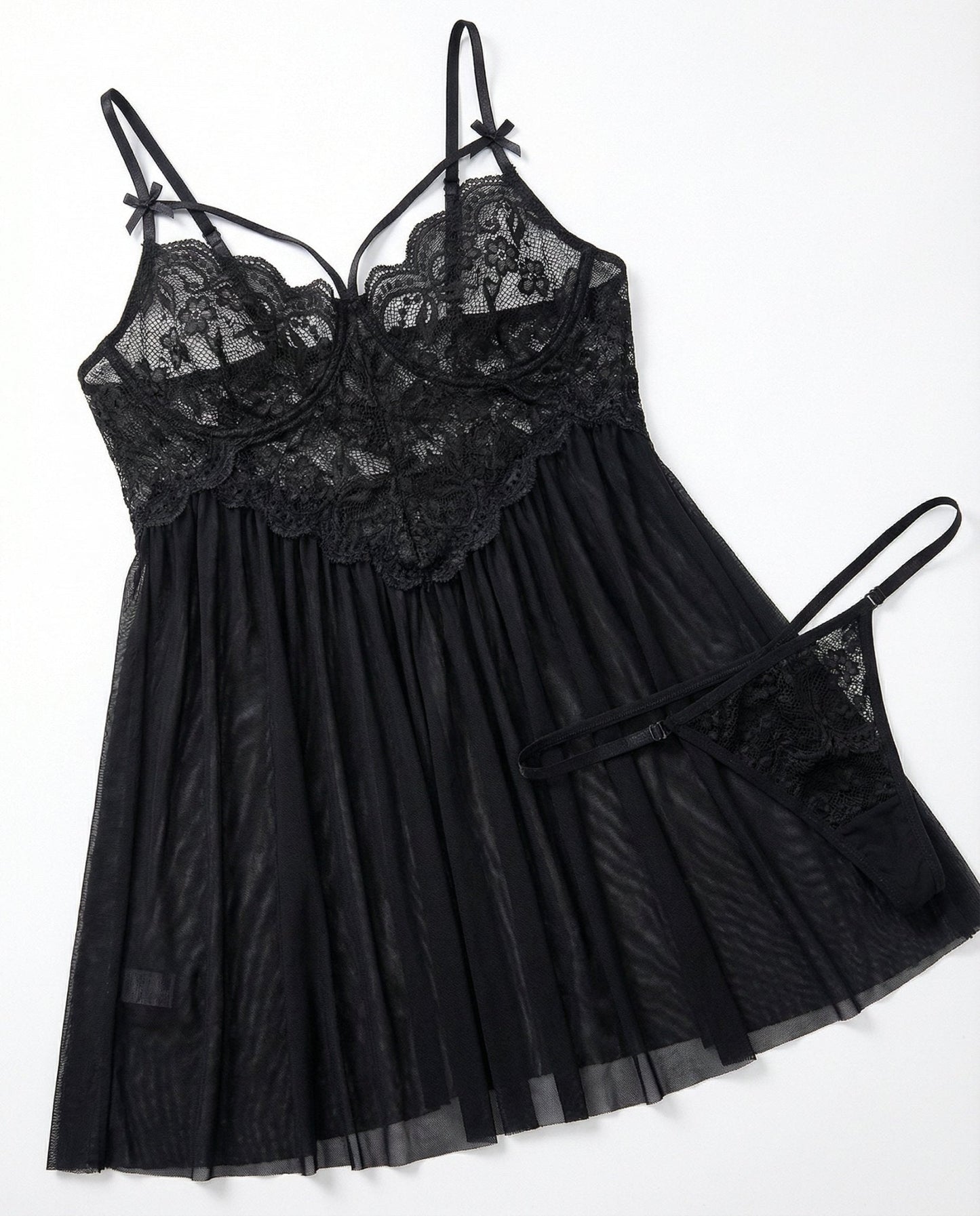 Plus Size Lace Babydoll With Pleated Mesh Skirt And Thong