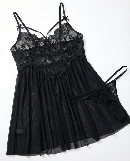 Plus Size Lace Babydoll With Pleated Mesh Skirt And Thong