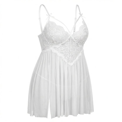 Plus Size Lace Babydoll With Pleated Mesh Skirt And Thong