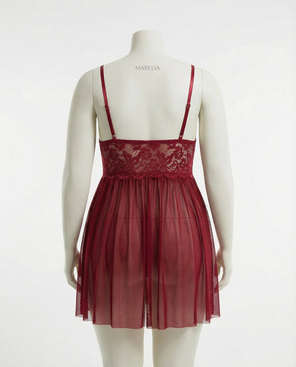Plus Size Lace Babydoll With Pleated Mesh Skirt And Thong