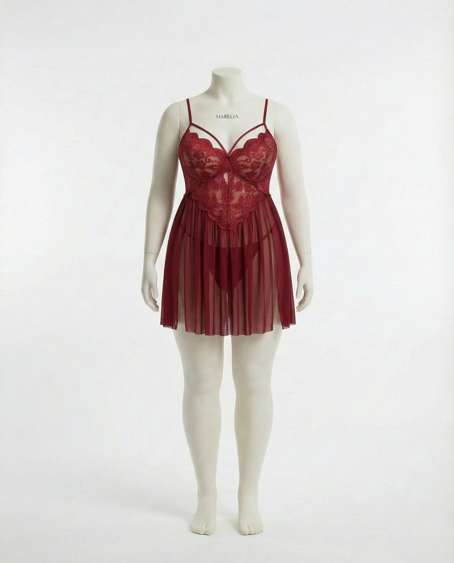 Plus Size Lace Babydoll With Pleated Mesh Skirt And Thong