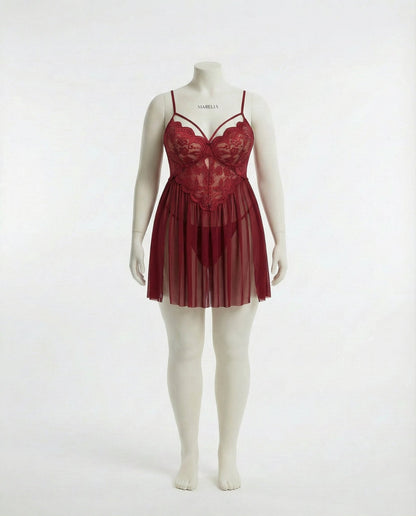Plus Size Lace Babydoll With Pleated Mesh Skirt And Thong