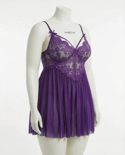 Plus Size Lace Babydoll With Pleated Mesh Skirt And Thong