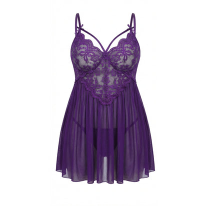 Plus Size Lace Babydoll With Pleated Mesh Skirt And Thong