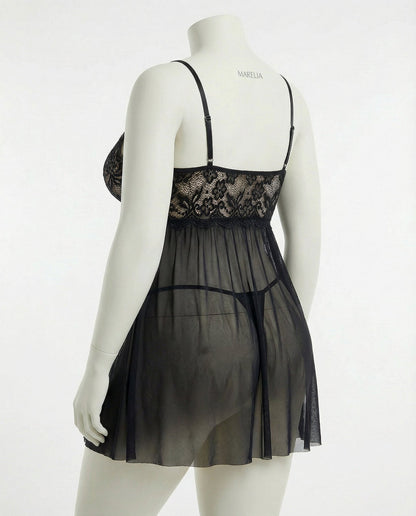 Plus Size Lace Babydoll With Pleated Mesh Skirt And Thong