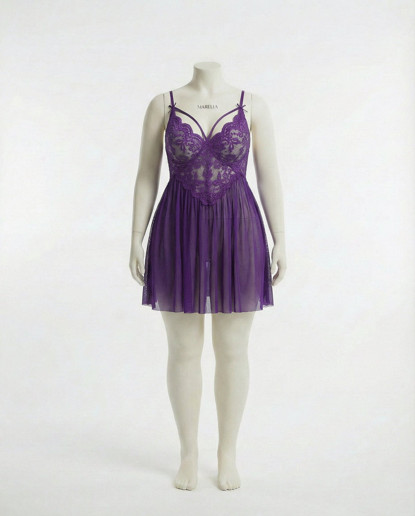 Plus Size Lace Babydoll With Pleated Mesh Skirt And Thong