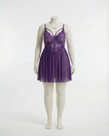 Plus Size Lace Babydoll With Pleated Mesh Skirt And Thong