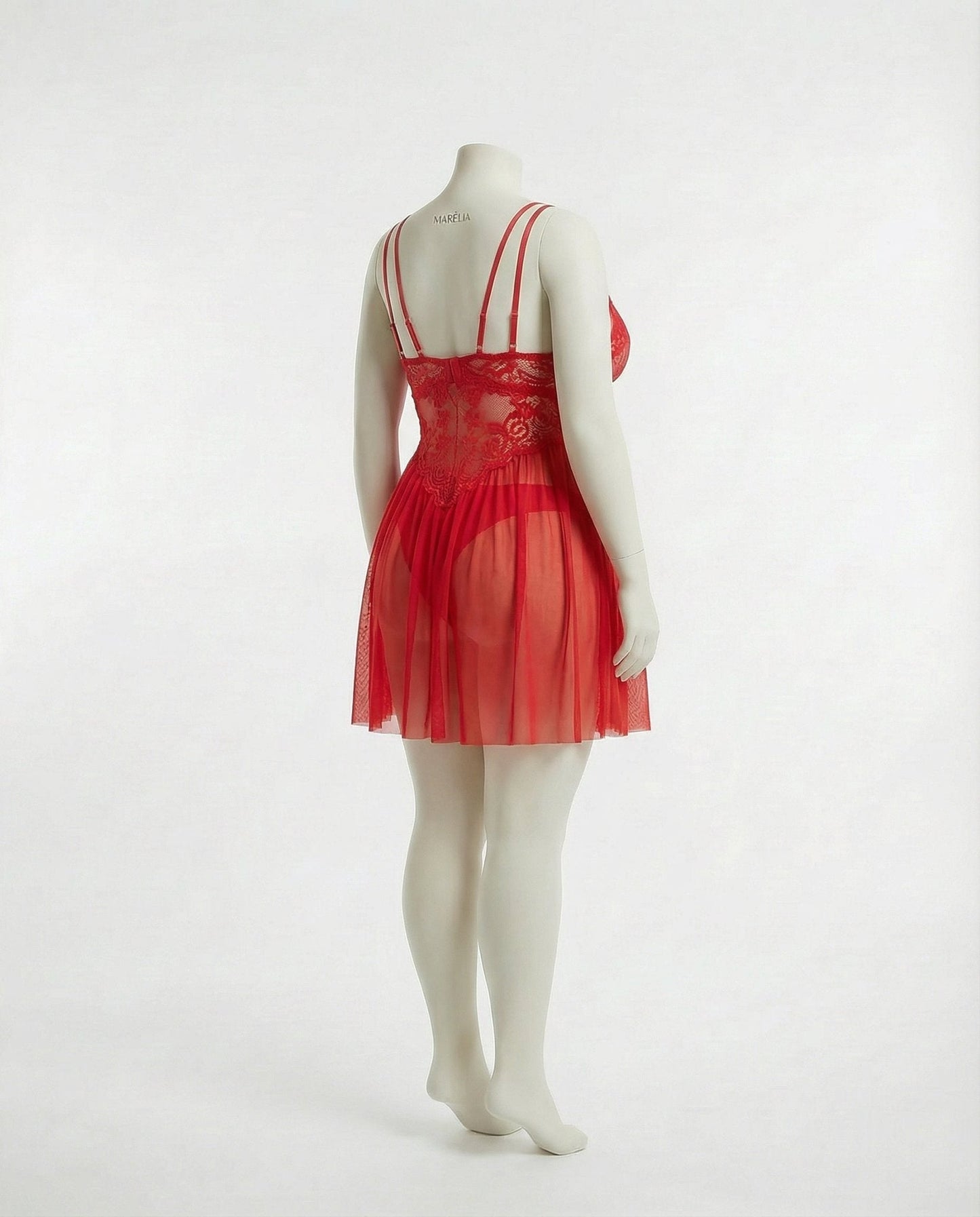 Plus Size Lace Babydoll With Pleated Mesh Skirt And Thong