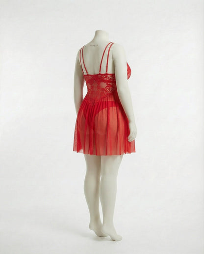 Plus Size Lace Babydoll With Pleated Mesh Skirt And Thong