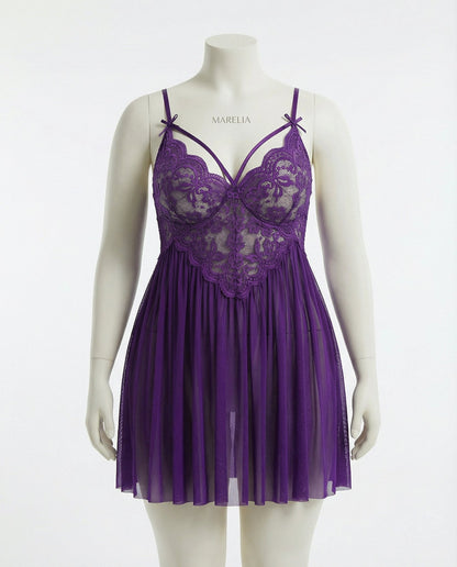 Plus Size Lace Babydoll With Pleated Mesh Skirt And Thong