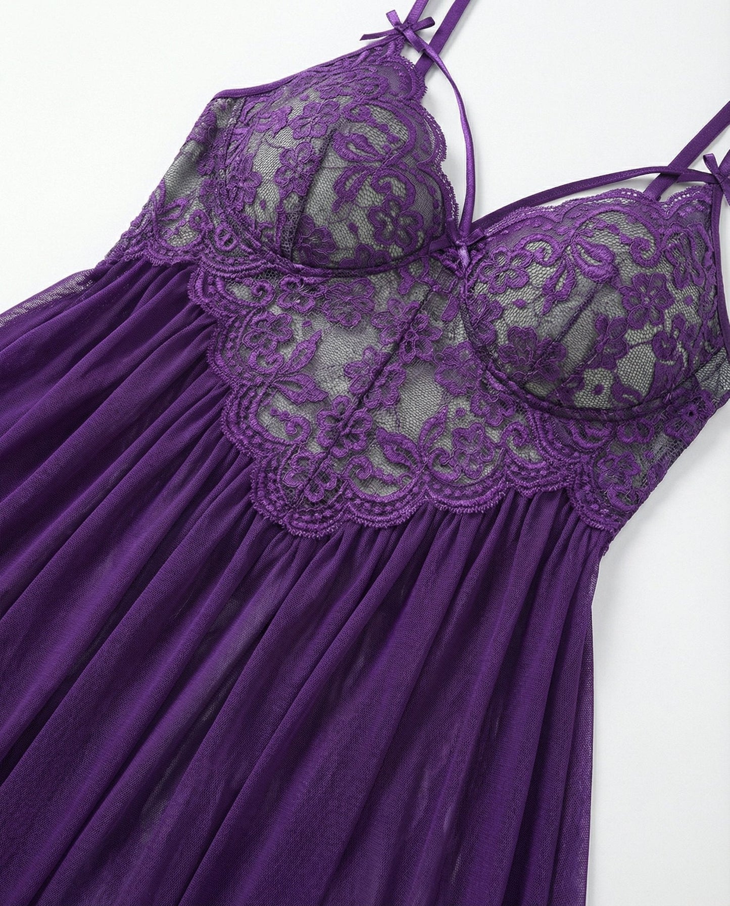 Plus Size Lace Babydoll With Pleated Mesh Skirt And Thong