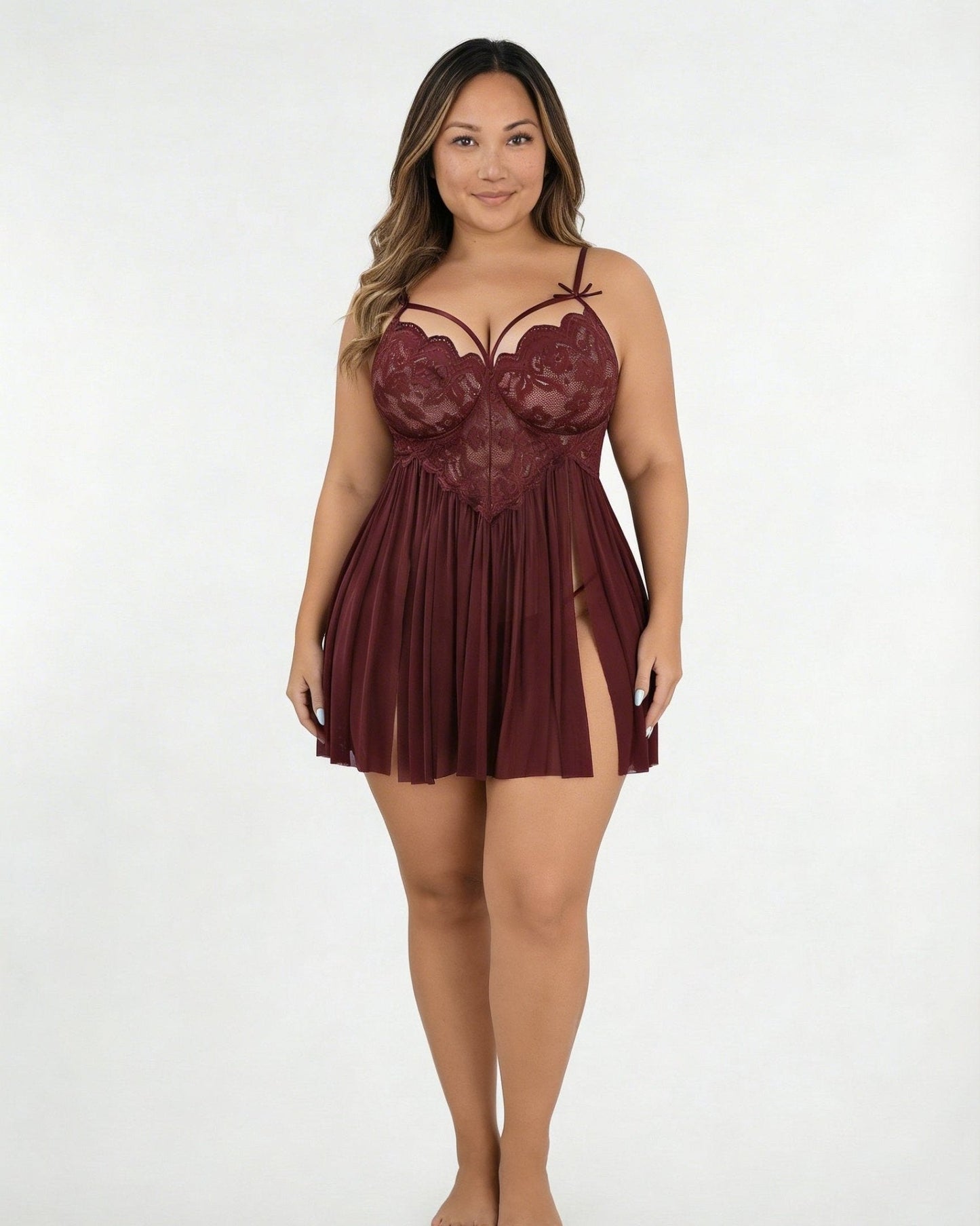 Plus Size Lace Babydoll With Pleated Mesh Skirt And Thong