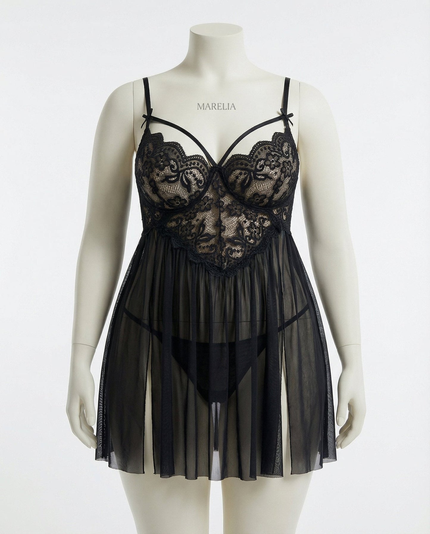 Plus Size Lace Babydoll With Pleated Mesh Skirt And Thong