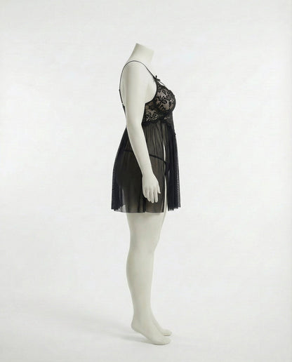 Plus Size Lace Babydoll With Pleated Mesh Skirt And Thong