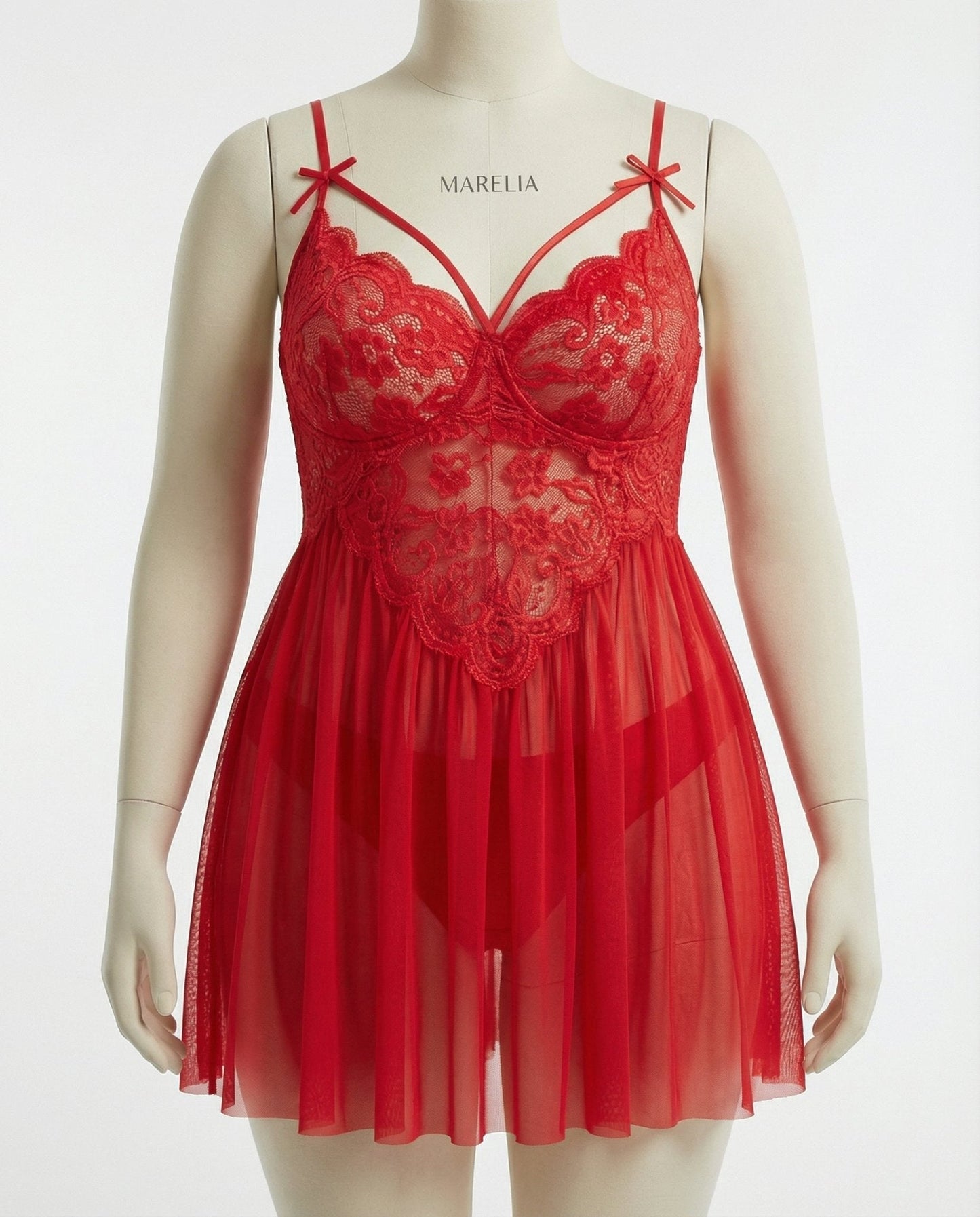 Plus Size Lace Babydoll With Pleated Mesh Skirt And Thong