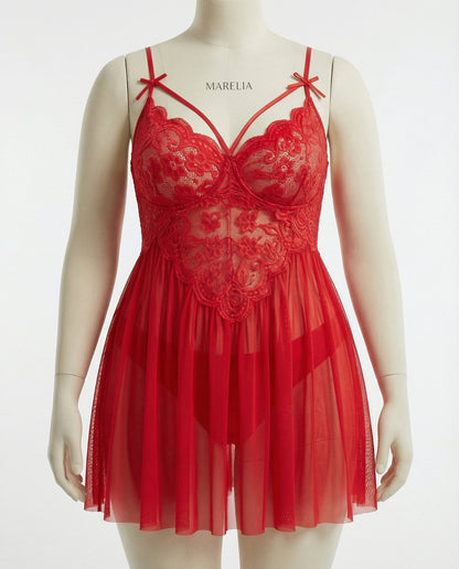 Plus Size Lace Babydoll With Pleated Mesh Skirt And Thong