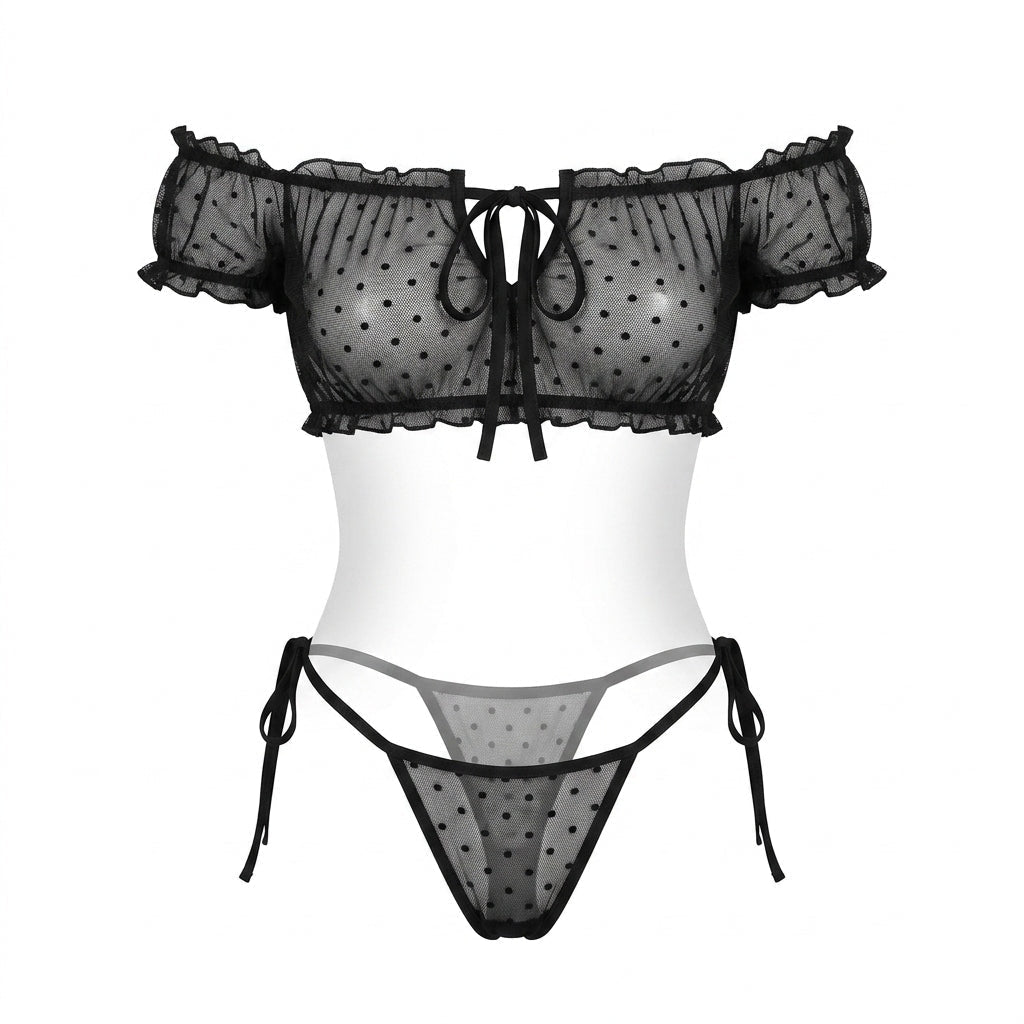 Polka Dot Mesh Off Shoulder Lingerie Set - AR UNIVERSALAR UNIVERSALLingerie Sets