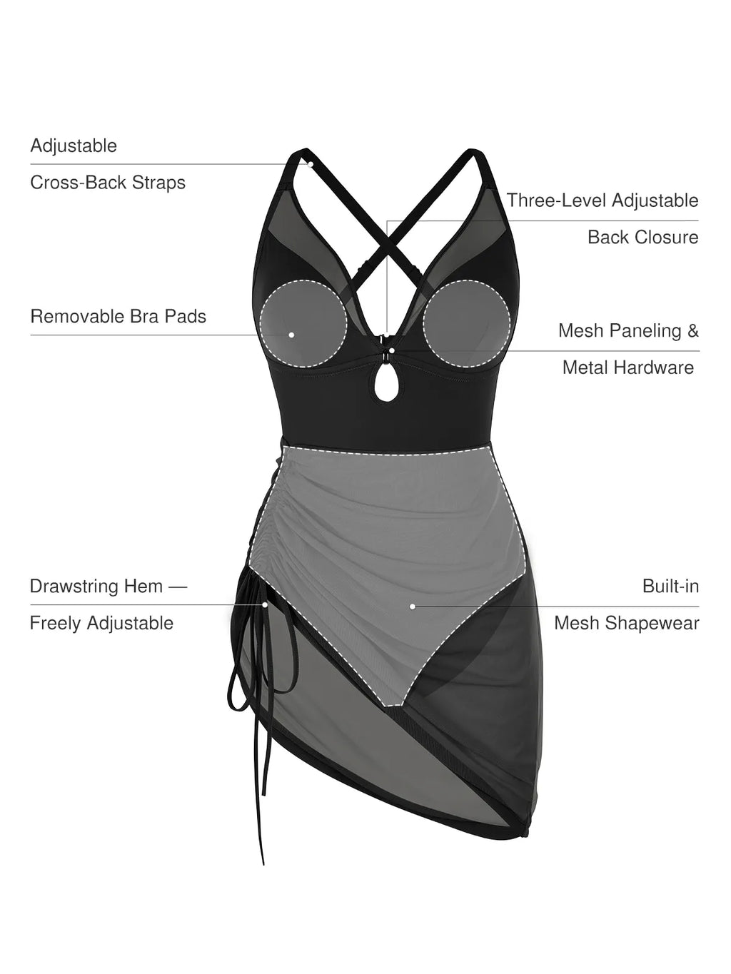 AR UNIVERSAL Sculpting Curve Mesh Skirt One-Piece Swimsuit swimwear