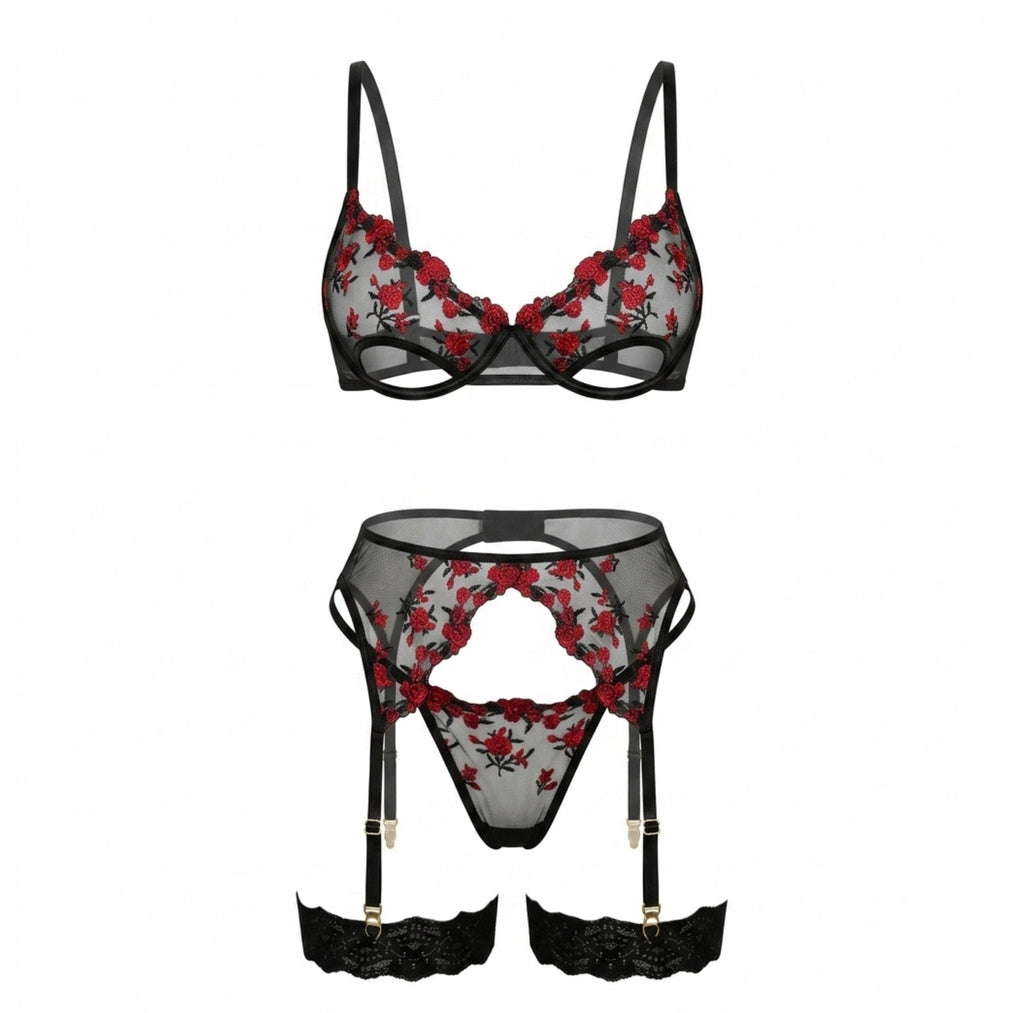 Rose Embroidered Mesh Four Piece Lingerie Set - AR UNIVERSALAR UNIVERSALLingerie Sets