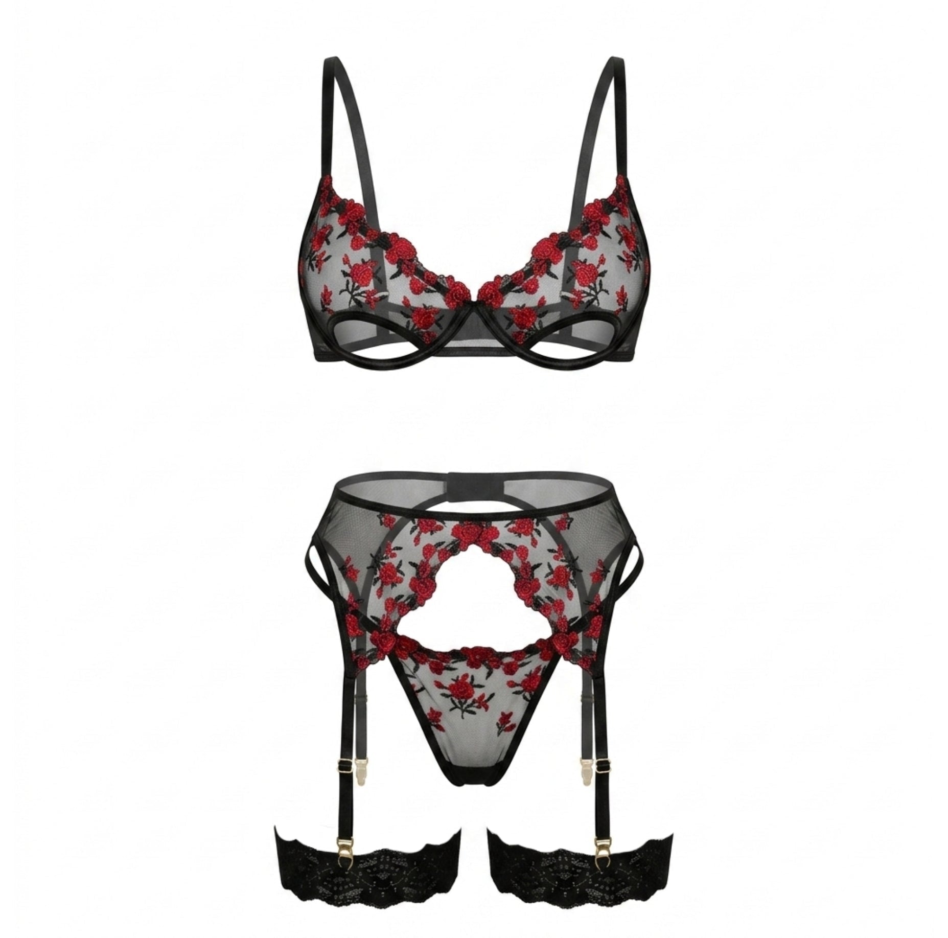Rose Embroidered Mesh Four Piece Lingerie Set - AR UNIVERSALAR UNIVERSALLingerie Sets