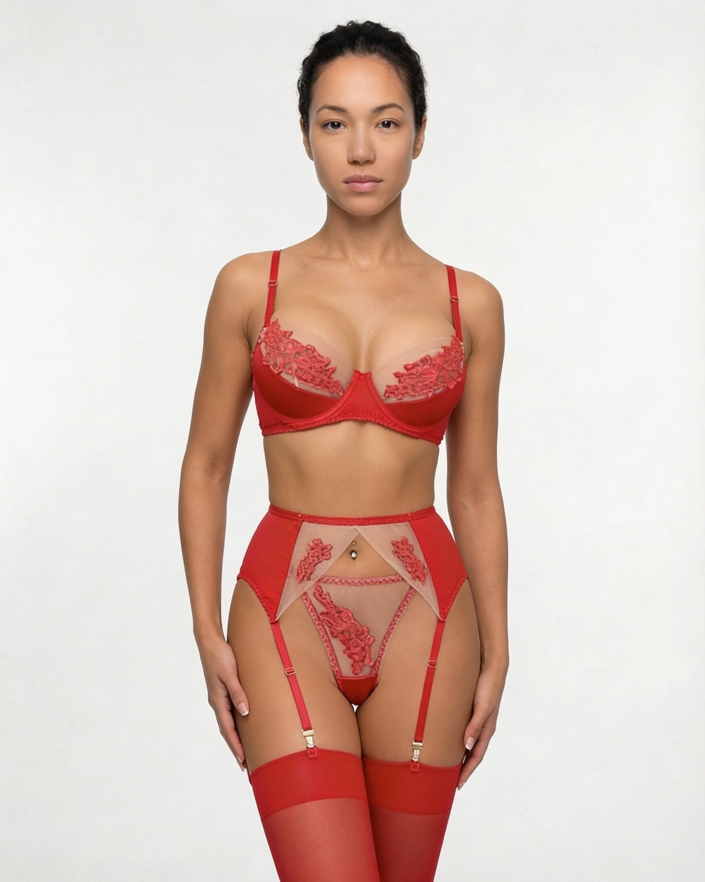 Satin Embroidered Four Piece Lingerie Set - AR UNIVERSALAR UNIVERSALLingerie Sets