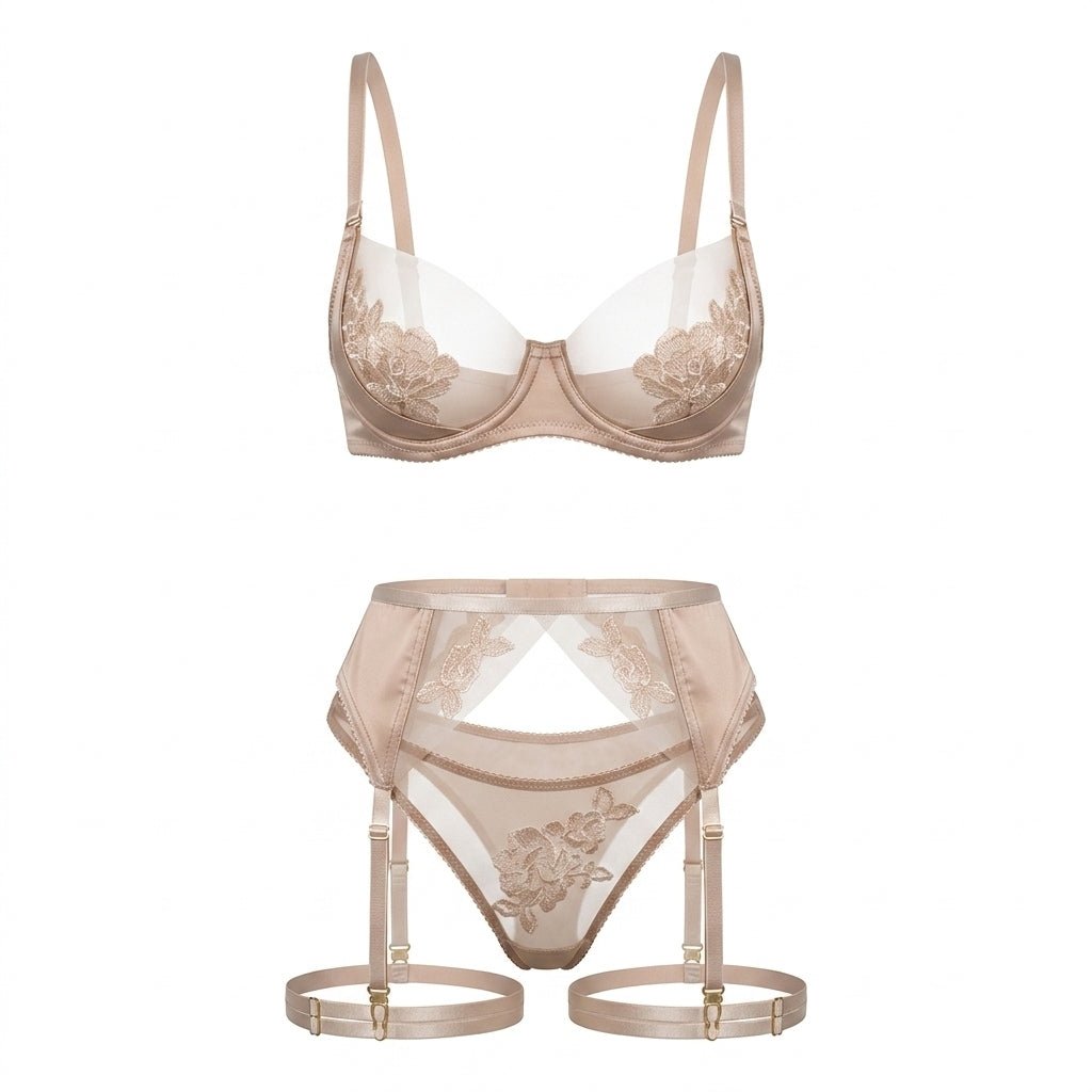 Satin Embroidered Four Piece Lingerie Set - AR UNIVERSALAR UNIVERSALLingerie Sets