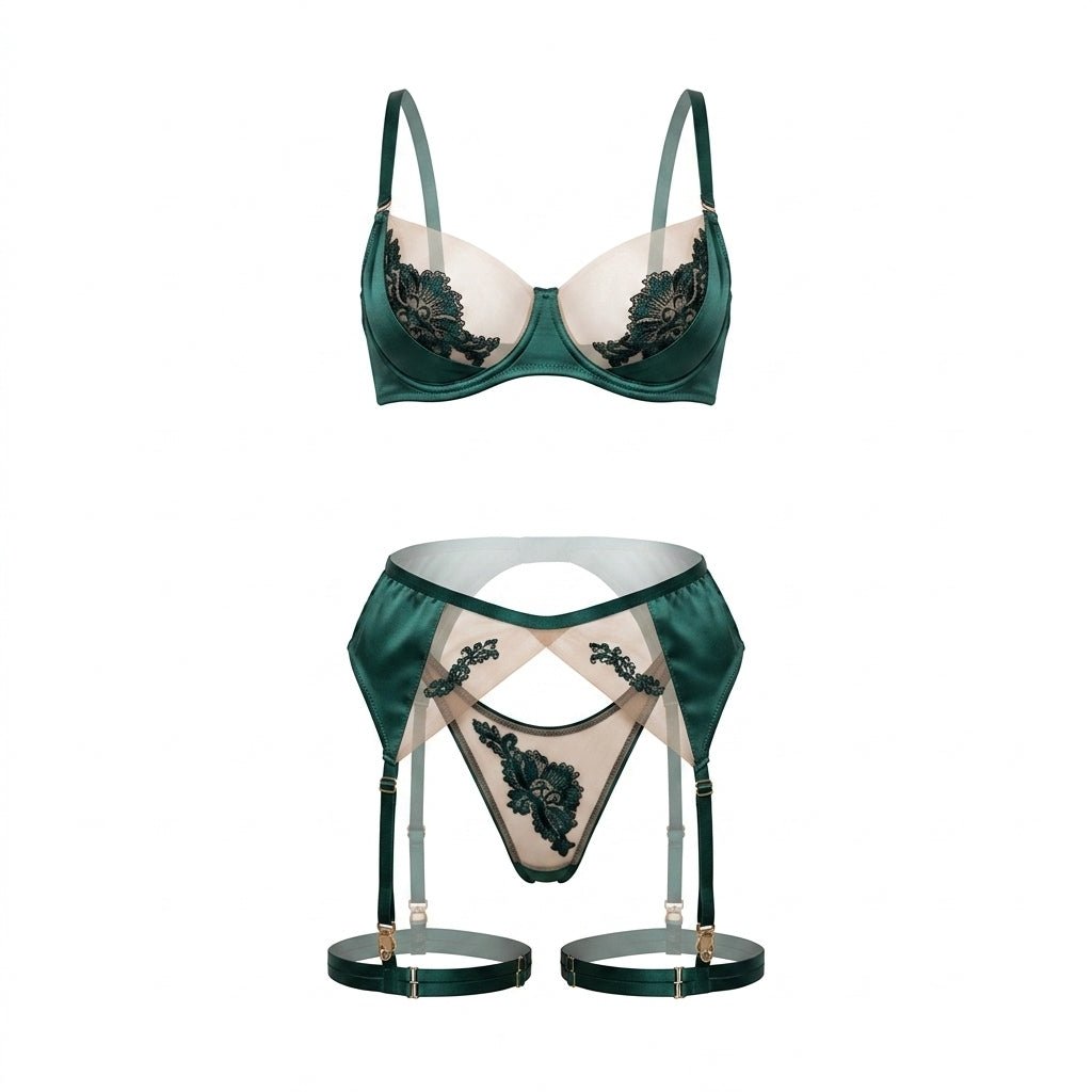 Satin Embroidered Four Piece Lingerie Set - AR UNIVERSALAR UNIVERSALLingerie Sets