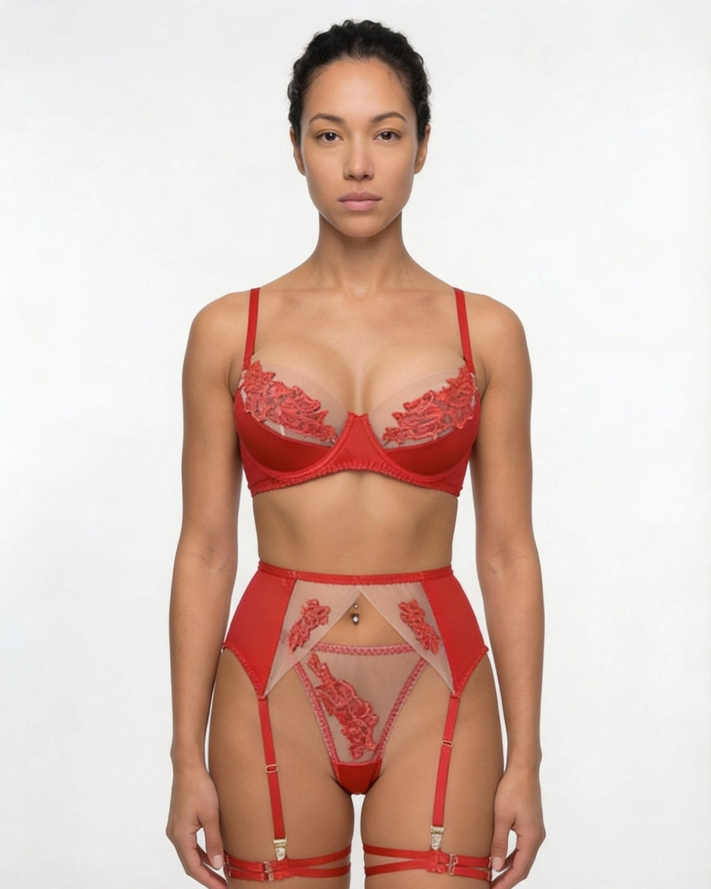 Satin Embroidered Four Piece Lingerie Set - AR UNIVERSALAR UNIVERSALLingerie Sets