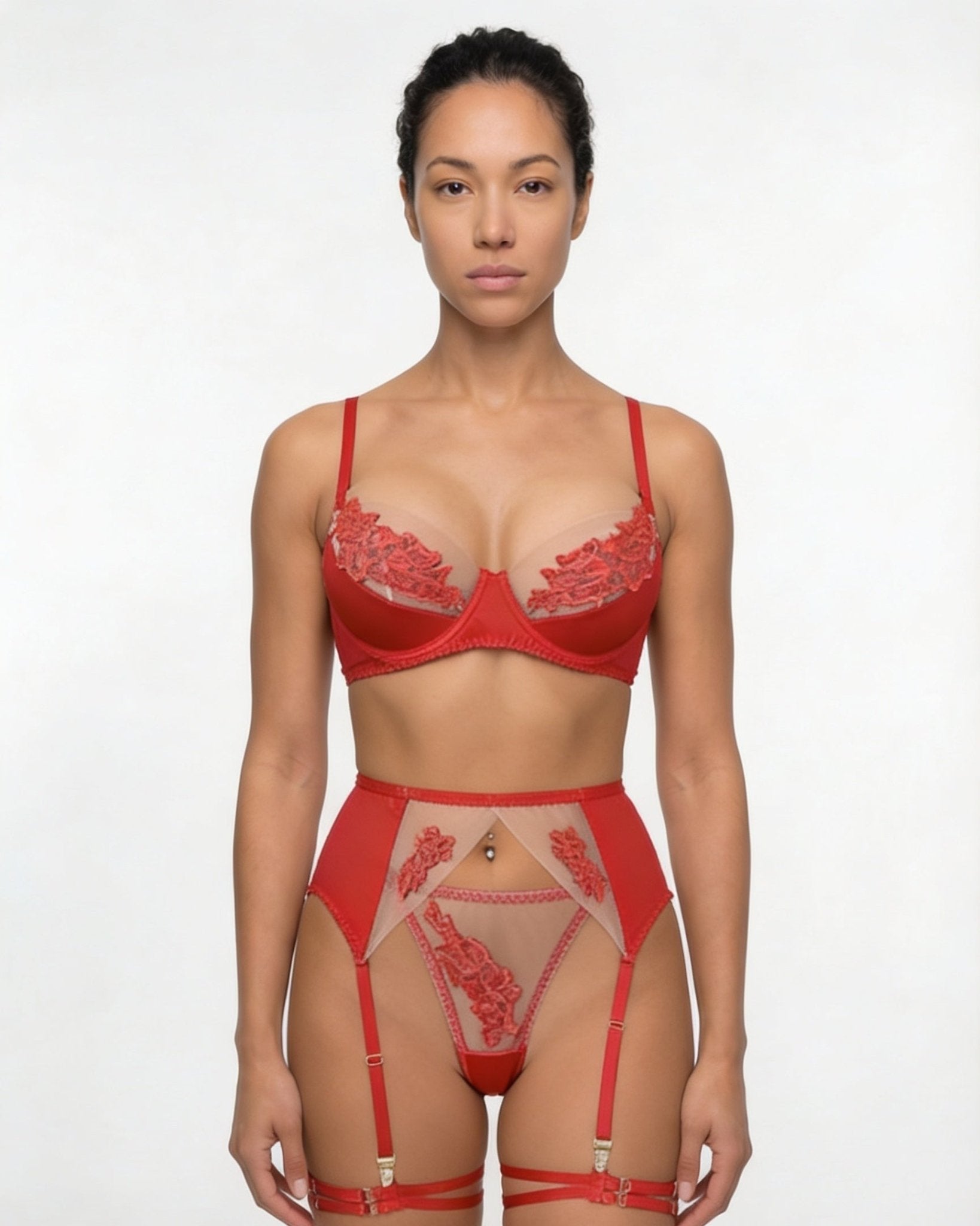 Satin Embroidered Four Piece Lingerie Set - AR UNIVERSALAR UNIVERSALLingerie Sets