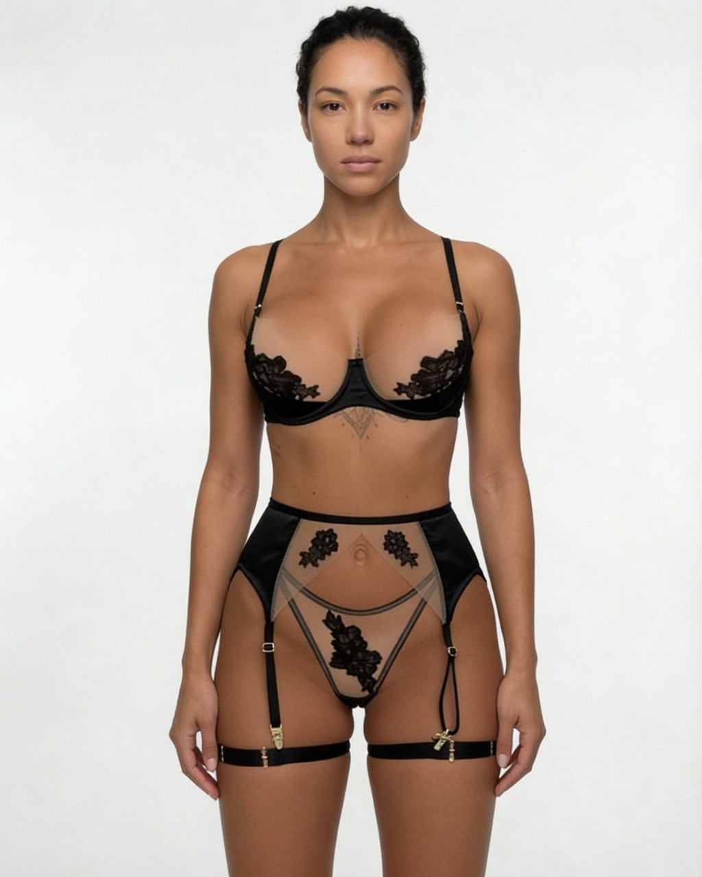 Satin Embroidered Four Piece Lingerie Set - AR UNIVERSALAR UNIVERSALLingerie Sets